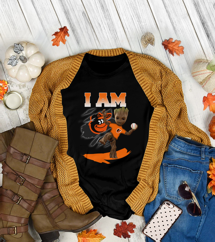 I Am Baltimore Orioles Groot With Baseball And Mascot T-Shirt