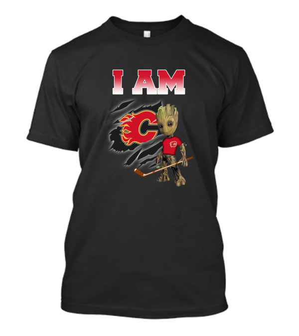 I Am Calgary Flames Groot With Hockey Stick And Flames T-Shirt