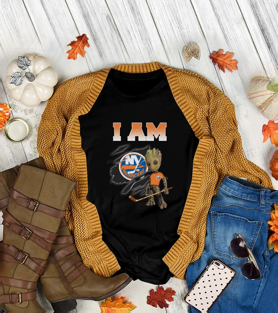 I Am New York Islanders Groot Fan With Hockey Stick T-Shirt
