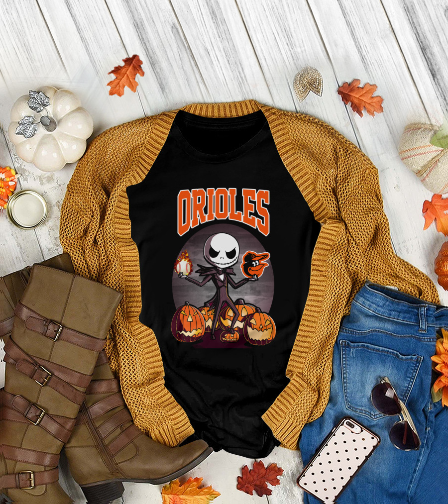 Orioles Halloween Jack Skellington Holding Flaming Baseball and Baltimore Orioles Logo Amidst Jack-O'-Lanterns T-Shirt