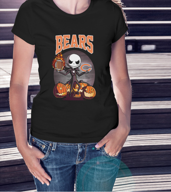 Bears Jack Skellington Halloween Chicago Football Theme With Pumpkins T-Shirt