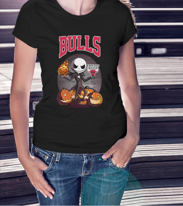 Bulls Halloween Jack Skellington Chicago Bulls Basketball Pumpkins T-Shirt