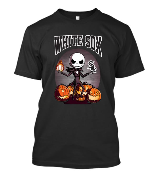 White Sox Halloween Jack Skellington Holding Baseball Surrounded By Pumpkins T-Shirt