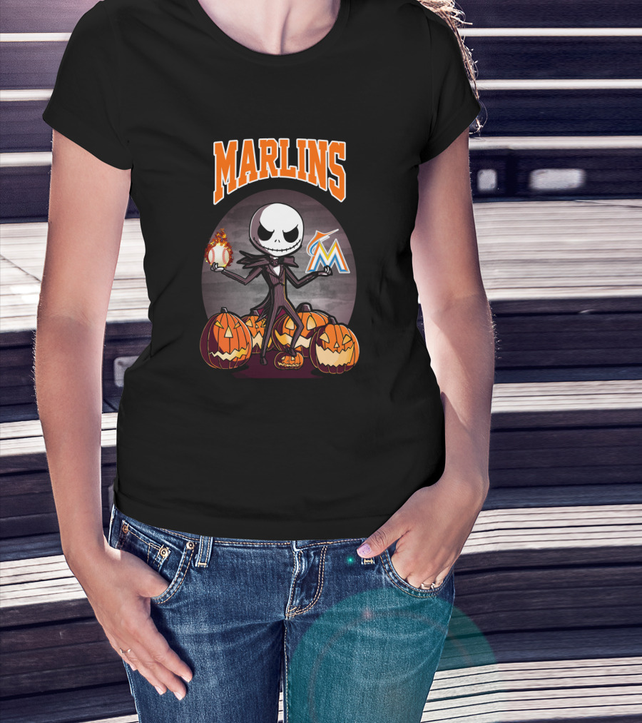 Marlins Jack Skellington With Pumpkins And Miami Baseball T-Shirt