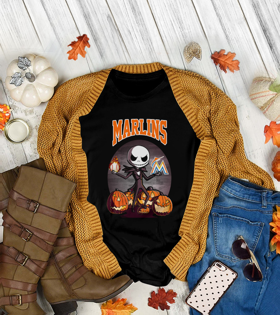 Marlins Jack Skellington with Pumpkins and Miami Baseball T-Shirt