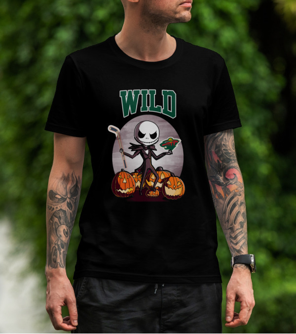 Jack Skellington Halloween Minnesota Wild Hockey Pumpkins T-Shirt