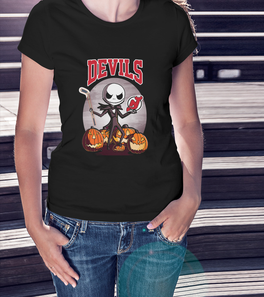 Jack Skellington New Jersey Devils Halloween Hockey Icon With Pumpkins T-Shirt