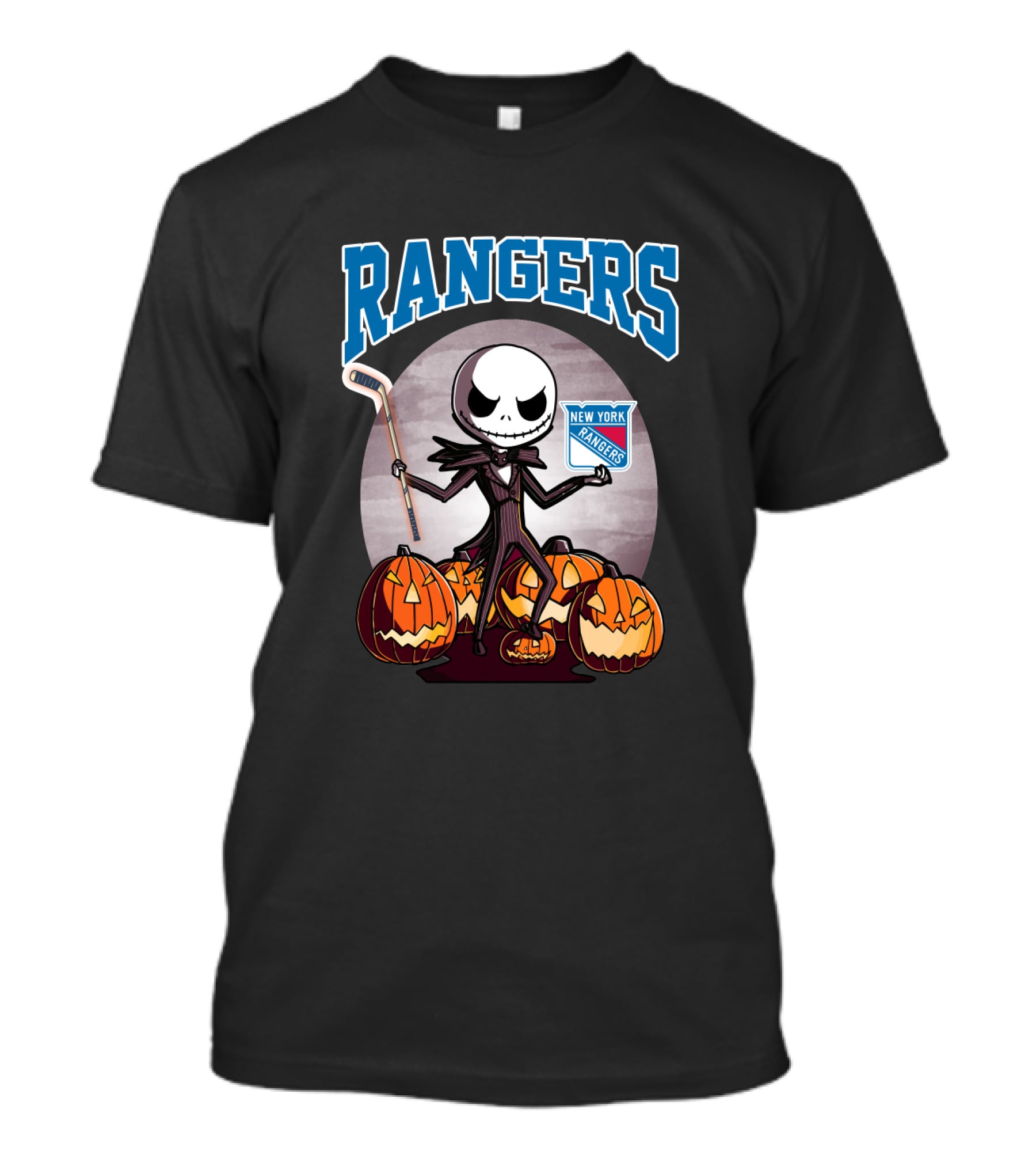 New York Rangers Jack Skellington Halloween Holding Hockey Stick With Pumpkins T-Shirt