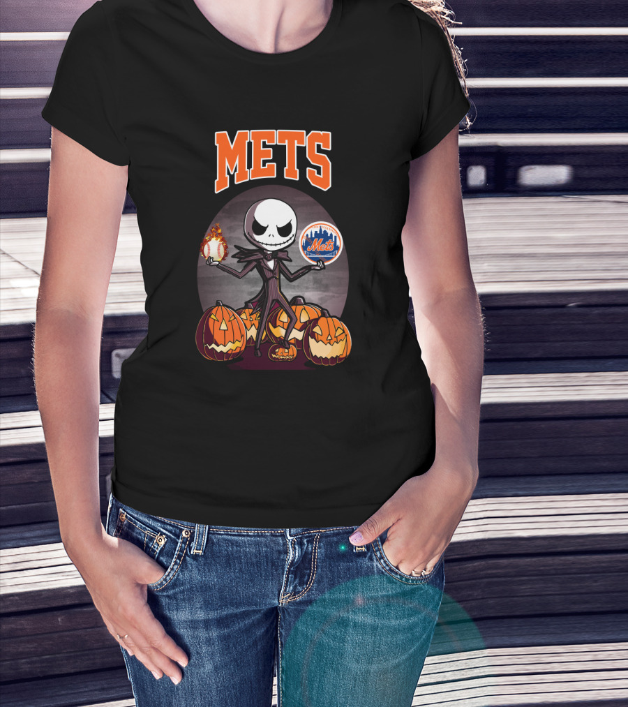 Jack Skellington Halloween New York Mets Pumpkin Baseball T-Shirt