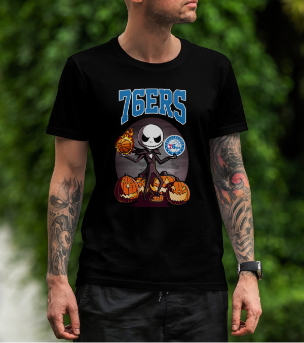 Philadelphia 76ers Jack Skellington Halloween Basketball Pumpkins T-Shirt