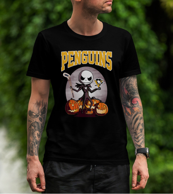 Penguins Jack Skellington Holding Hockey Logo With Pumpkins Halloween T-Shirt