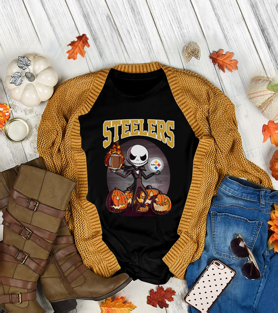Steelers Jack Skellington Halloween Pumpkins Flaming Football Logos T-Shirt