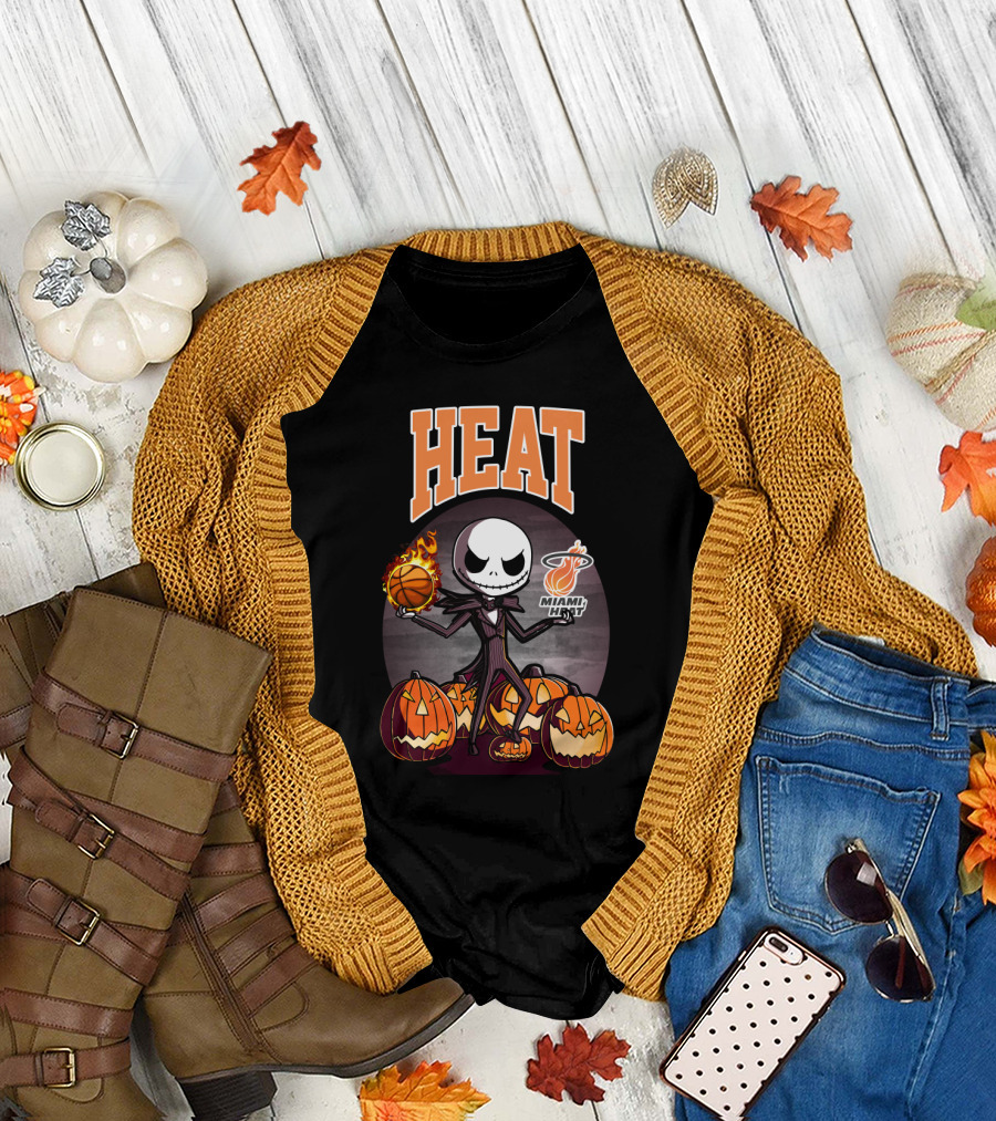 Jack Skellington Halloween Miami Heat Basketball and Pumpkins T-Shirt