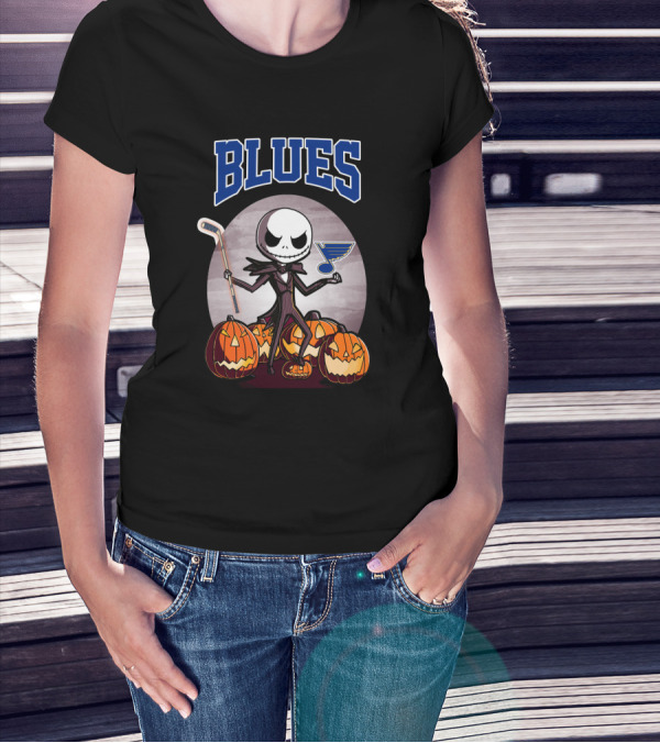 St. Louis Blues With Halloween Jack Skellington And Pumpkins T-Shirt