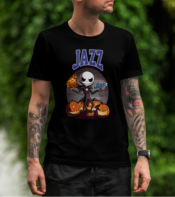 Jack Skellington Halloween Utah Jazz Logo Pumpkins Basketball Flamethrower Dual Image T-Shirt