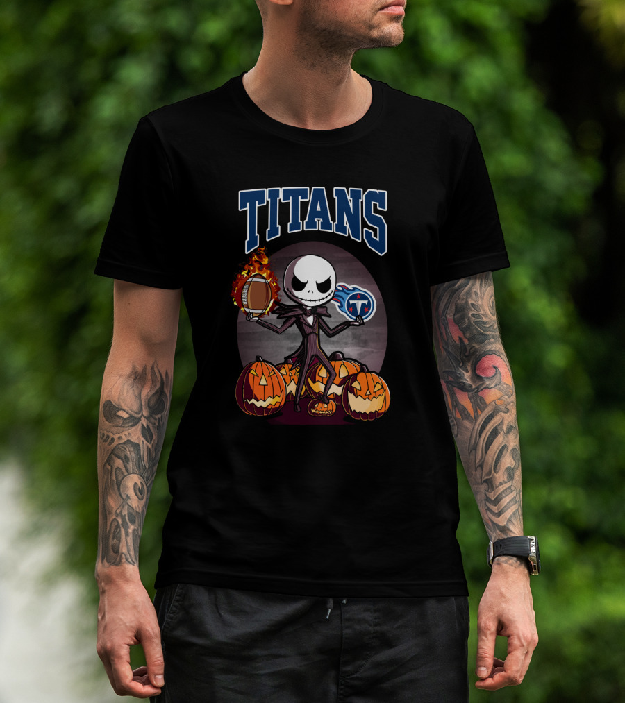 Halloween Jack Skellington With Pumpkins And Tennessee Titans Football T-Shirt