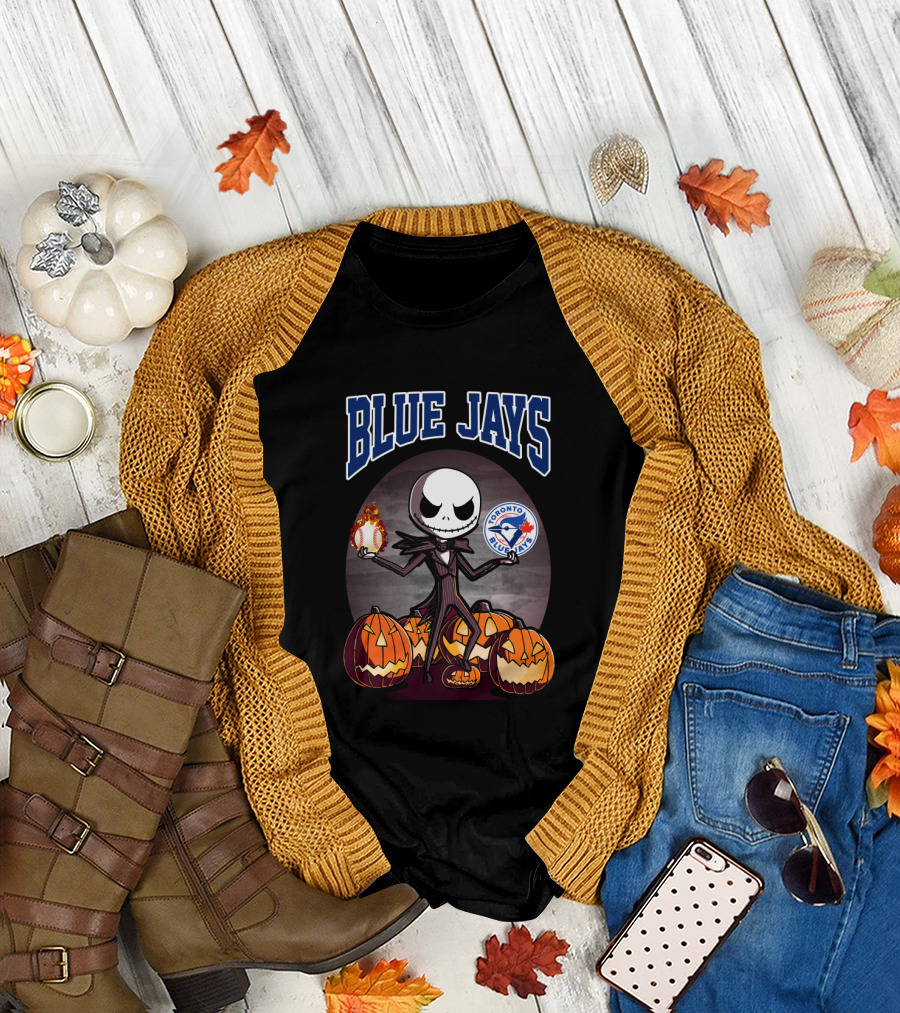 Jack Skellington Toronto Blue Jays Halloween with Pumpkins and Baseball T-Shirt