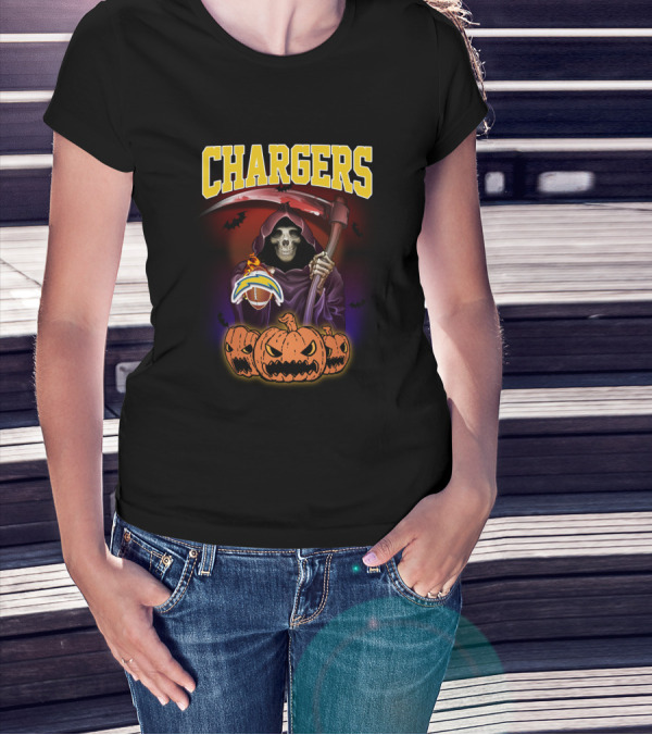 Chargers Grim Reaper With Pumpkins And Football Halloween T-Shirt