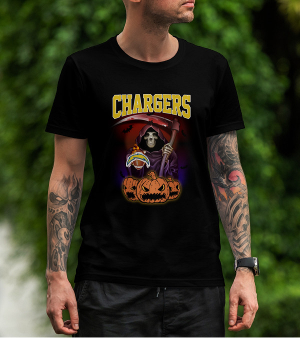 Chargers Grim Reaper With Pumpkins And Football Halloween T-Shirt