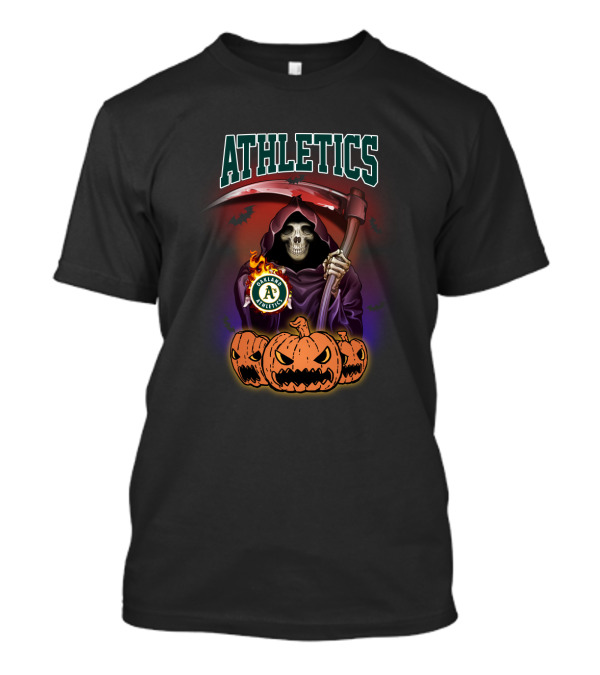 Athletics Skull Reaper With Oakland A's Logo And Halloween Pumpkins T-Shirt