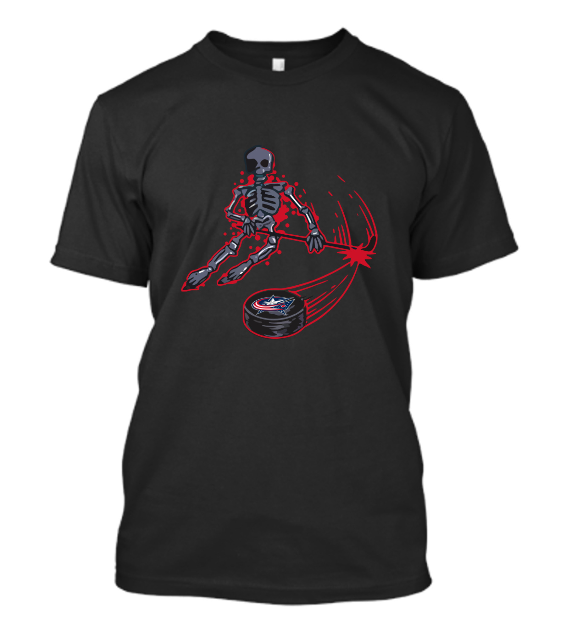 Skeleton Playing Ice Hockey With Columbus Blue Jackets Emblem T-Shirt