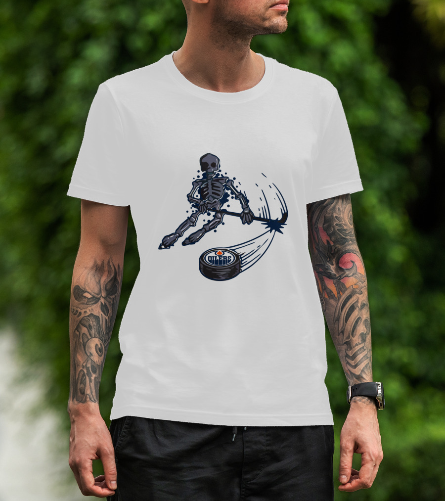 Edmonton Oilers Skeleton Playing Ice Hockey With Puck T-Shirt