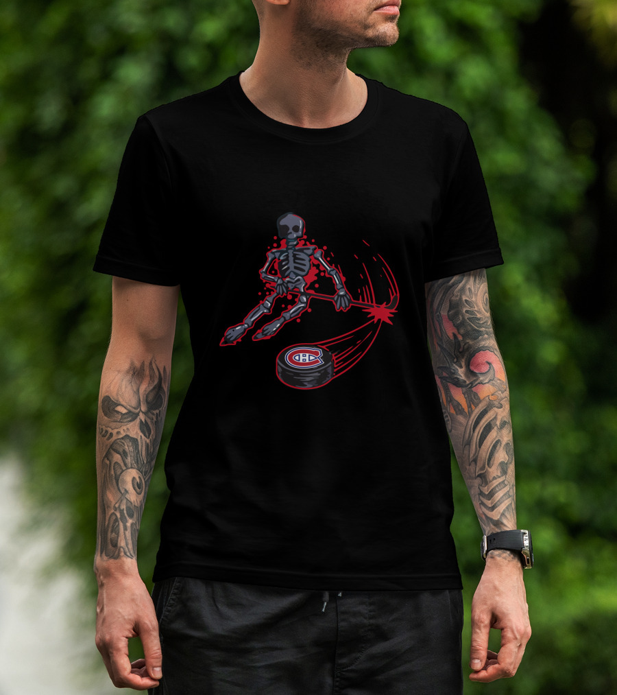 Skeleton Hockey Player With Montreal Canadiens Puck Dynamic Action T-Shirt