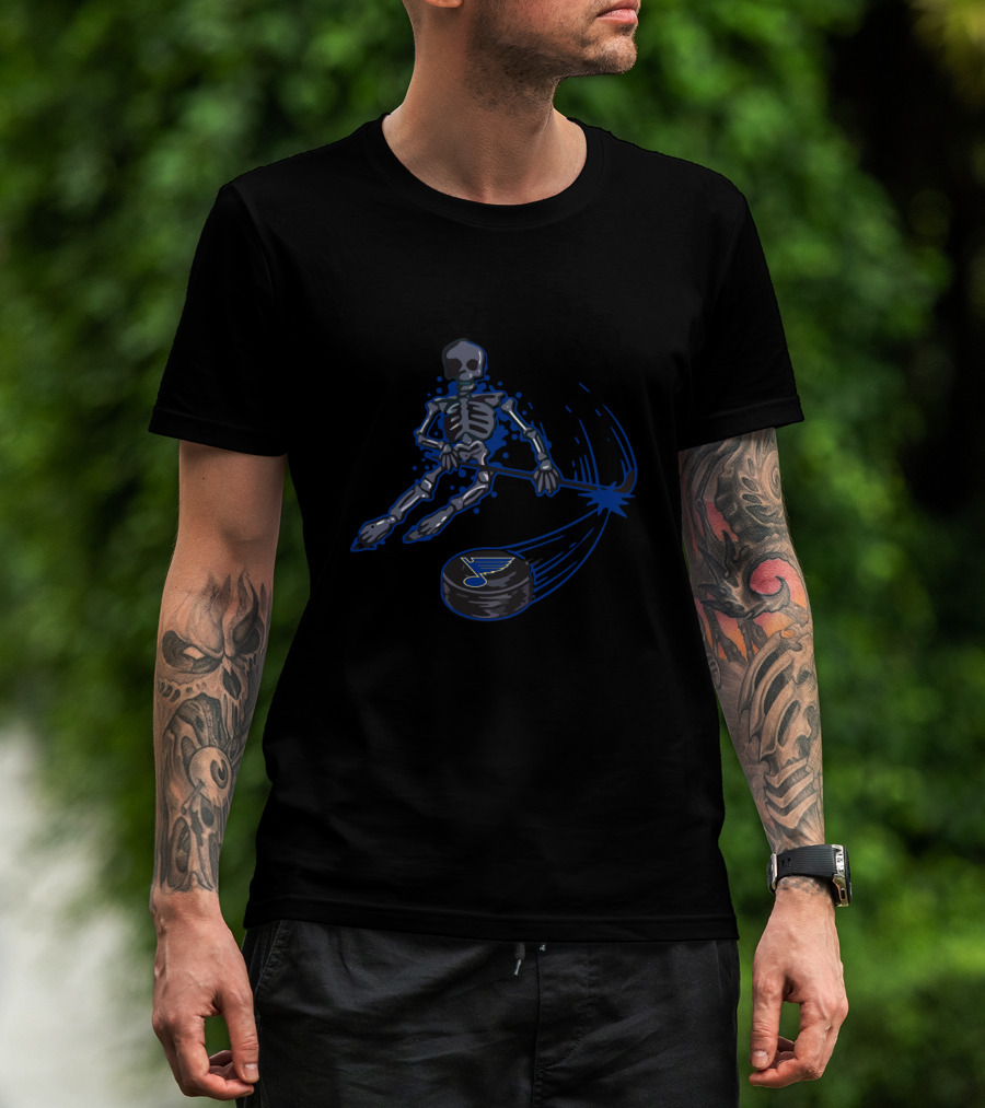 Skeleton Hockey Player With St. Louis Blues Logo Puck T-Shirt