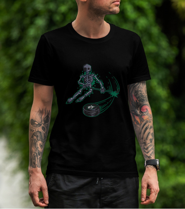 Skeleton Hockey Action With Dallas Stars Puck For Enthusiastic Fans T-Shirt