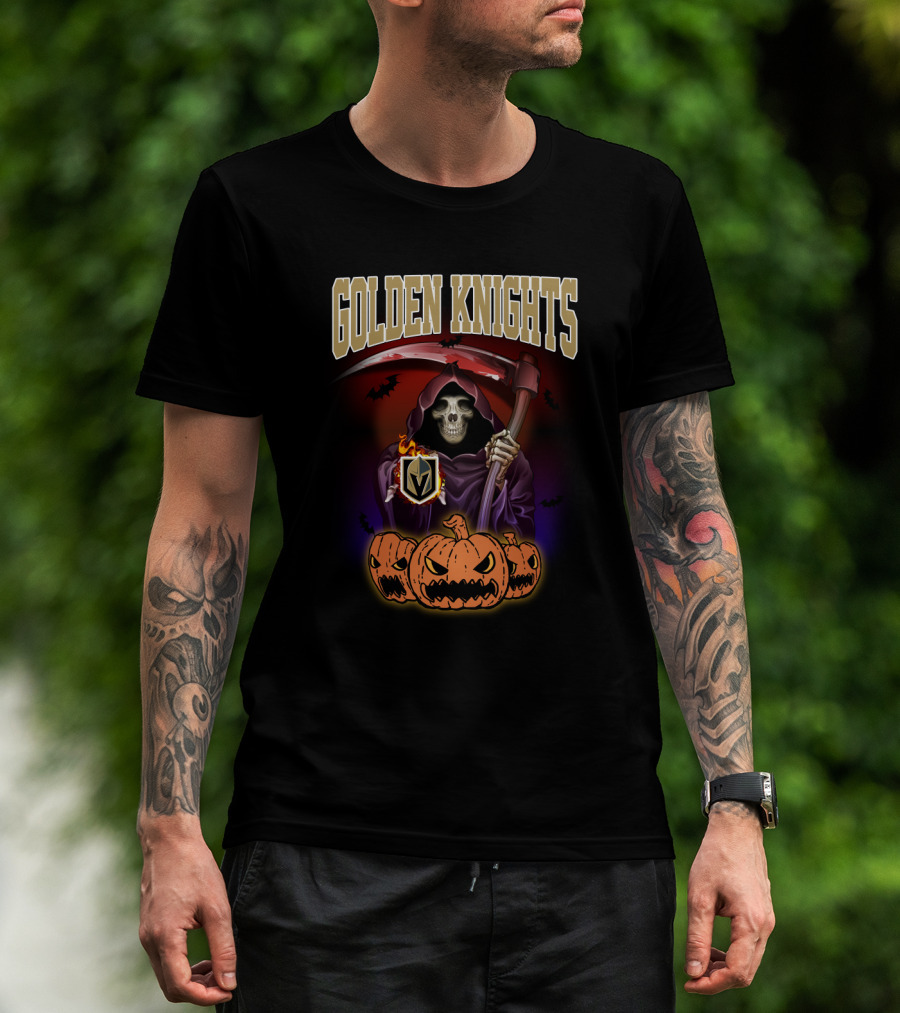 Golden Knights Halloween Grim Reaper With Pumpkins T-Shirt