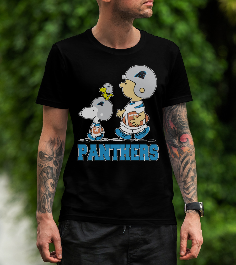 Snoopy And Woodstock With Carolina Panthers Football Helmets T-Shirt