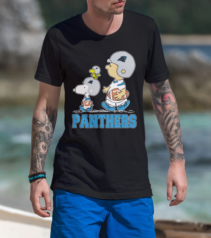 Snoopy And Woodstock With Carolina Panthers Football Helmets T-Shirt