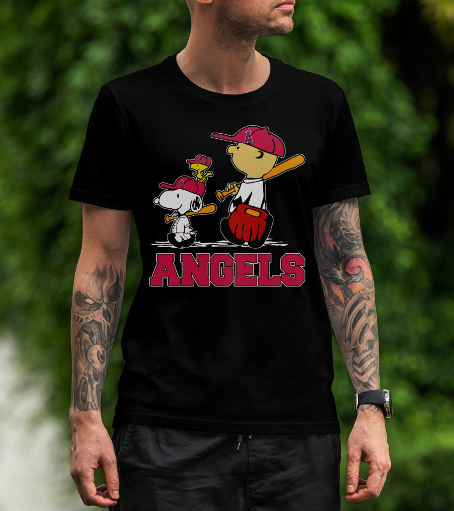 Snoopy Los Angeles Angels Baseball Fans With Woodstock And Bat T-Shirt