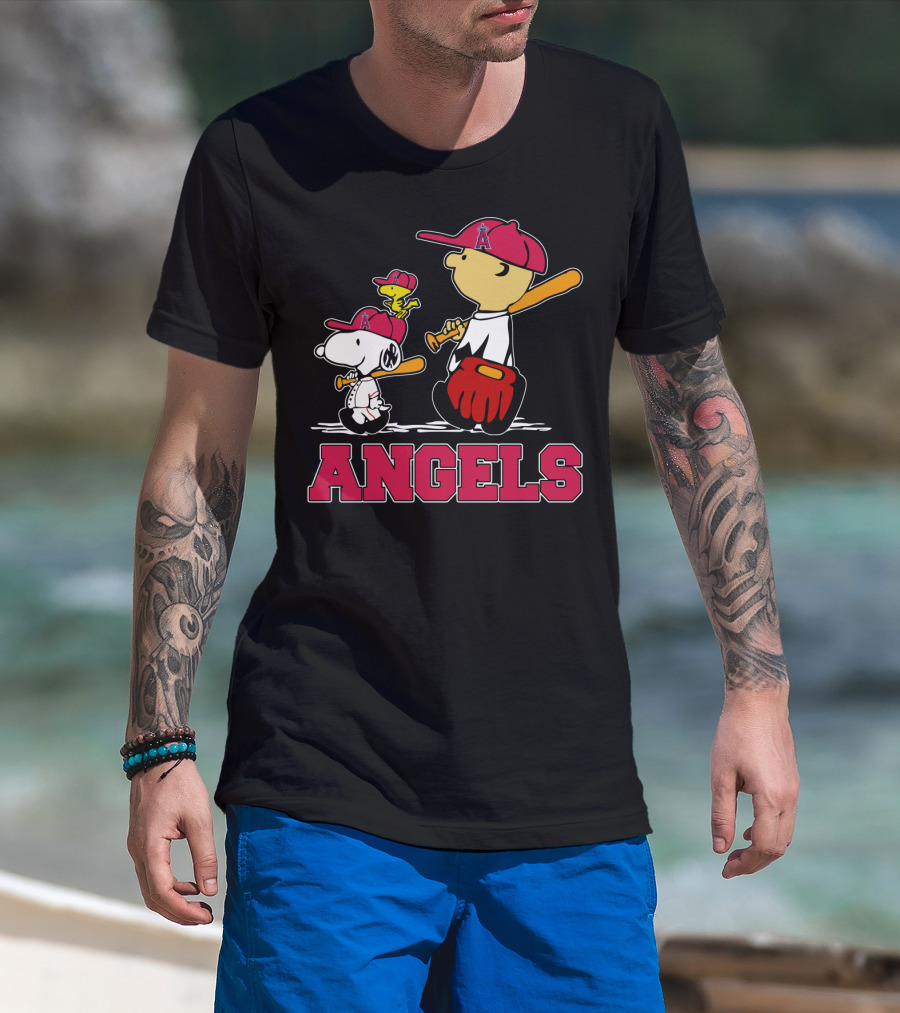 Snoopy Los Angeles Angels Baseball Fans With Woodstock And Bat T-Shirt