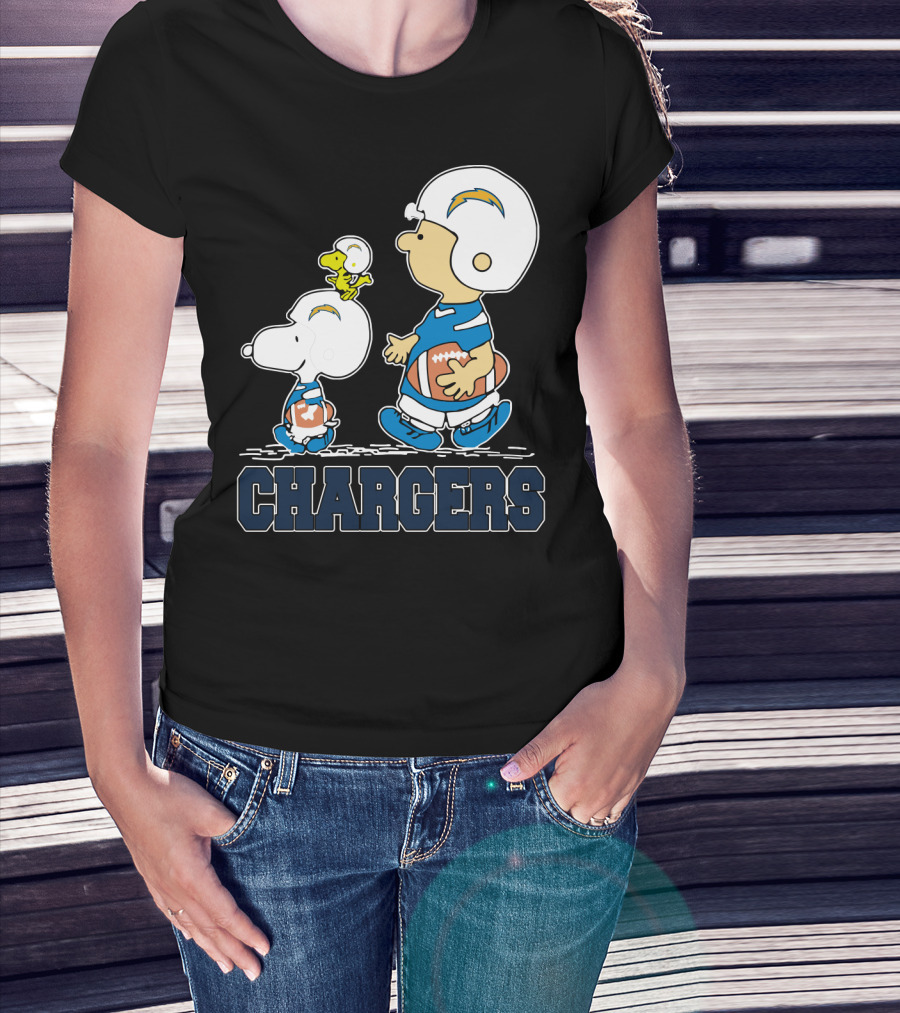 Snoopy And Woodstock With Los Angeles Chargers Football Helmets And Jersey T-Shirt