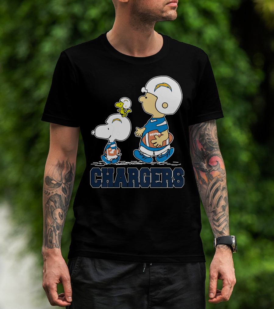 Snoopy And Woodstock With Los Angeles Chargers Football Helmets And Jersey T-Shirt
