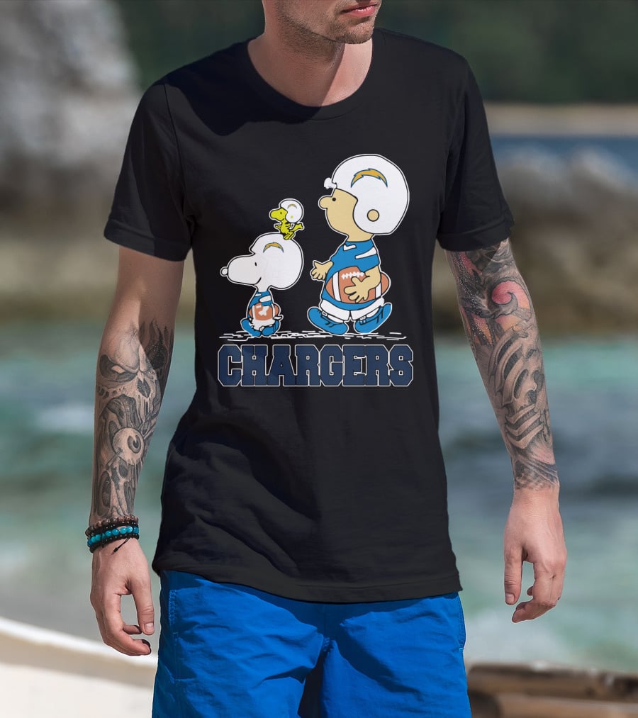 Snoopy And Woodstock With Los Angeles Chargers Football Helmets And Jersey T-Shirt