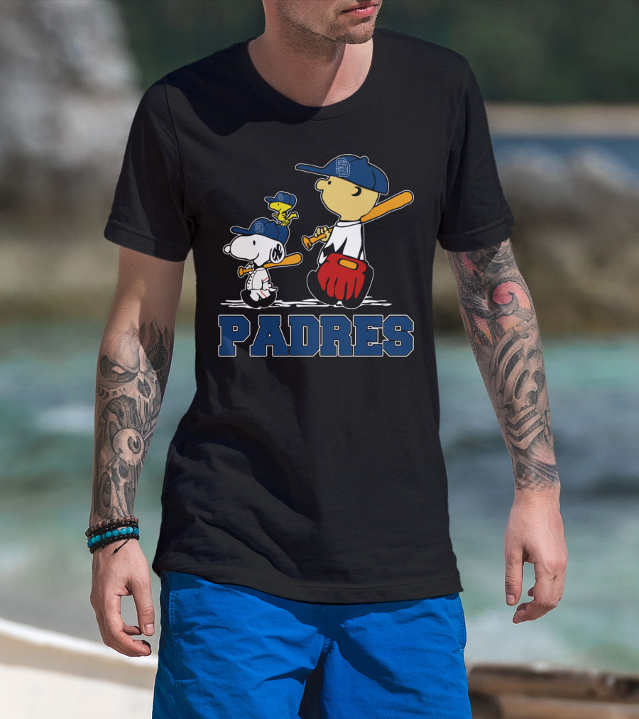 Snoopy And San Diego Padres Baseball Team Fans With Woodstock And Sports Equipment T-Shirt