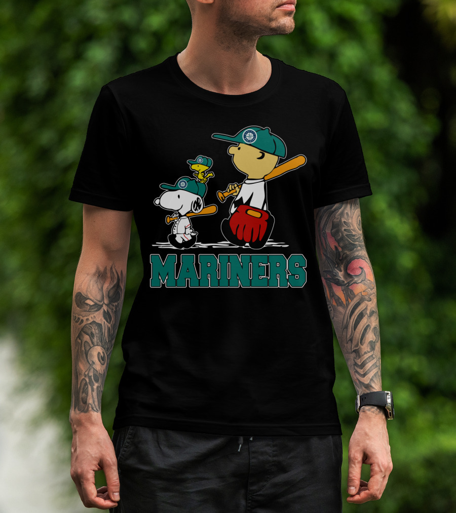 Snoopy Woodstock And Seattle Mariners Peanuts Baseball T-Shirt