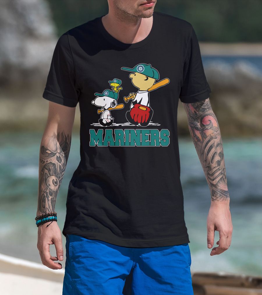 Snoopy Woodstock And Seattle Mariners Peanuts Baseball T-Shirt