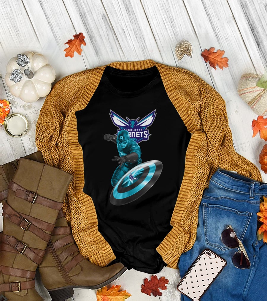 Charlotte Hornets Captain America Crossover Shield T-Shirt