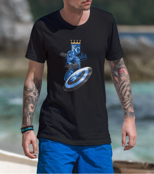 Kansas City Royals KC Logo Featuring Captain America Shield Design Blue T-Shirt