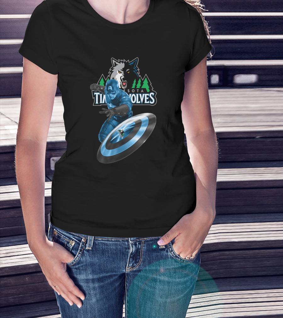 Minnesota Timberwolves Captain America Crossover With Wolf Logo And Shield T-Shirt