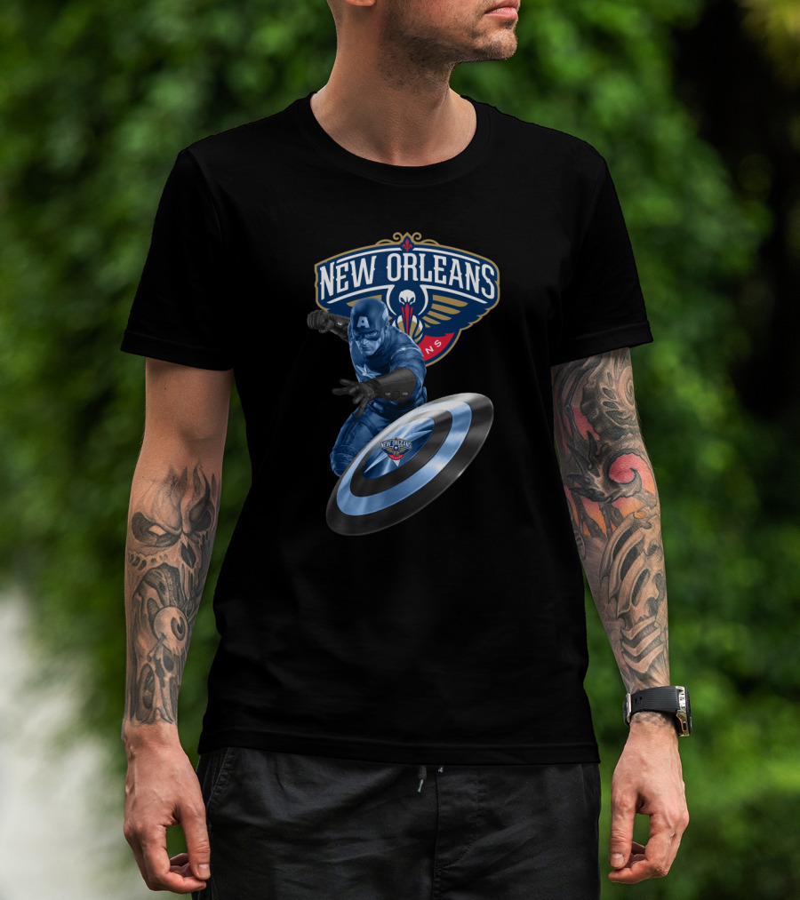 New Orleans Pelicans Captain America Collaboration Iconic Shield Crossover T-Shirt