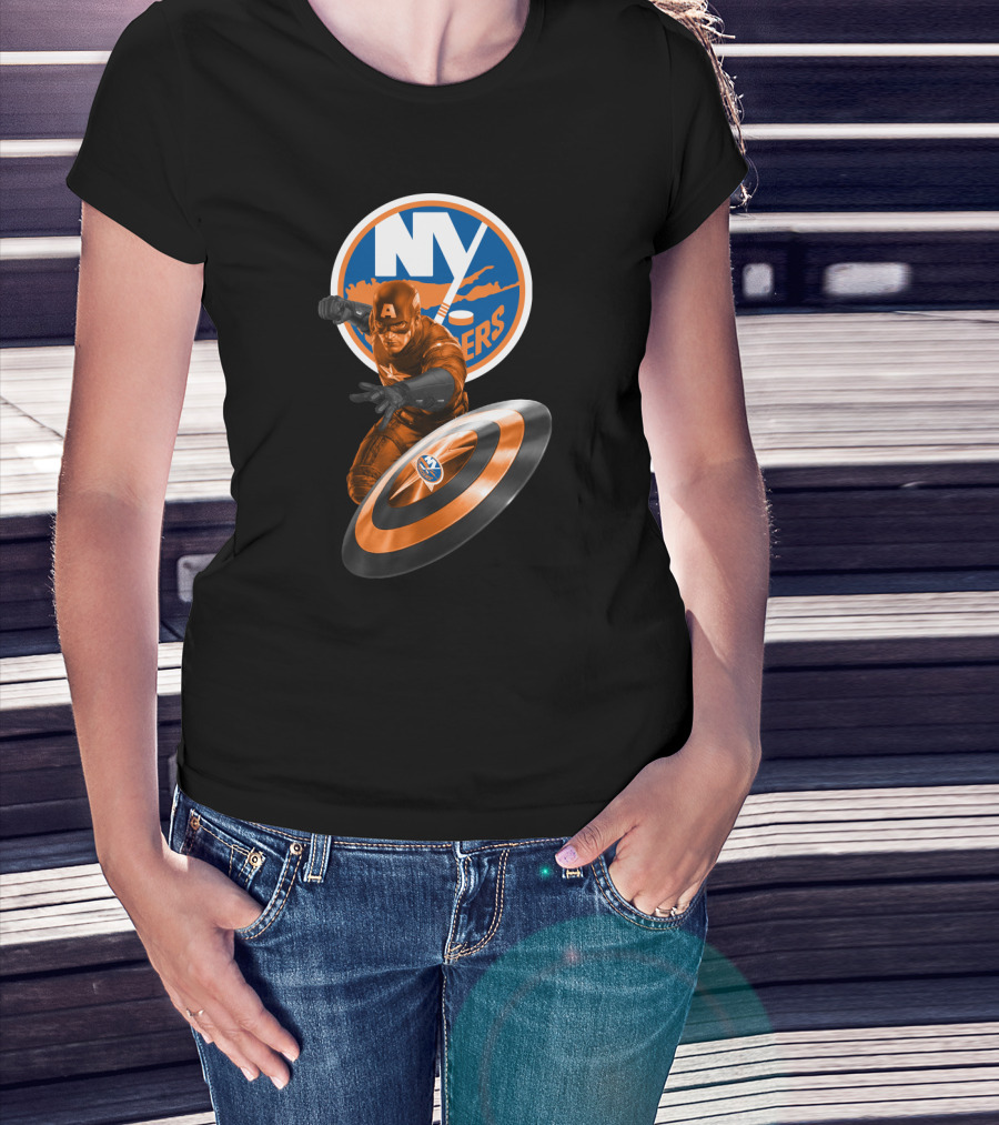 New York Islanders Captain America Collaboration Shield And Logo Graphics T-Shirt