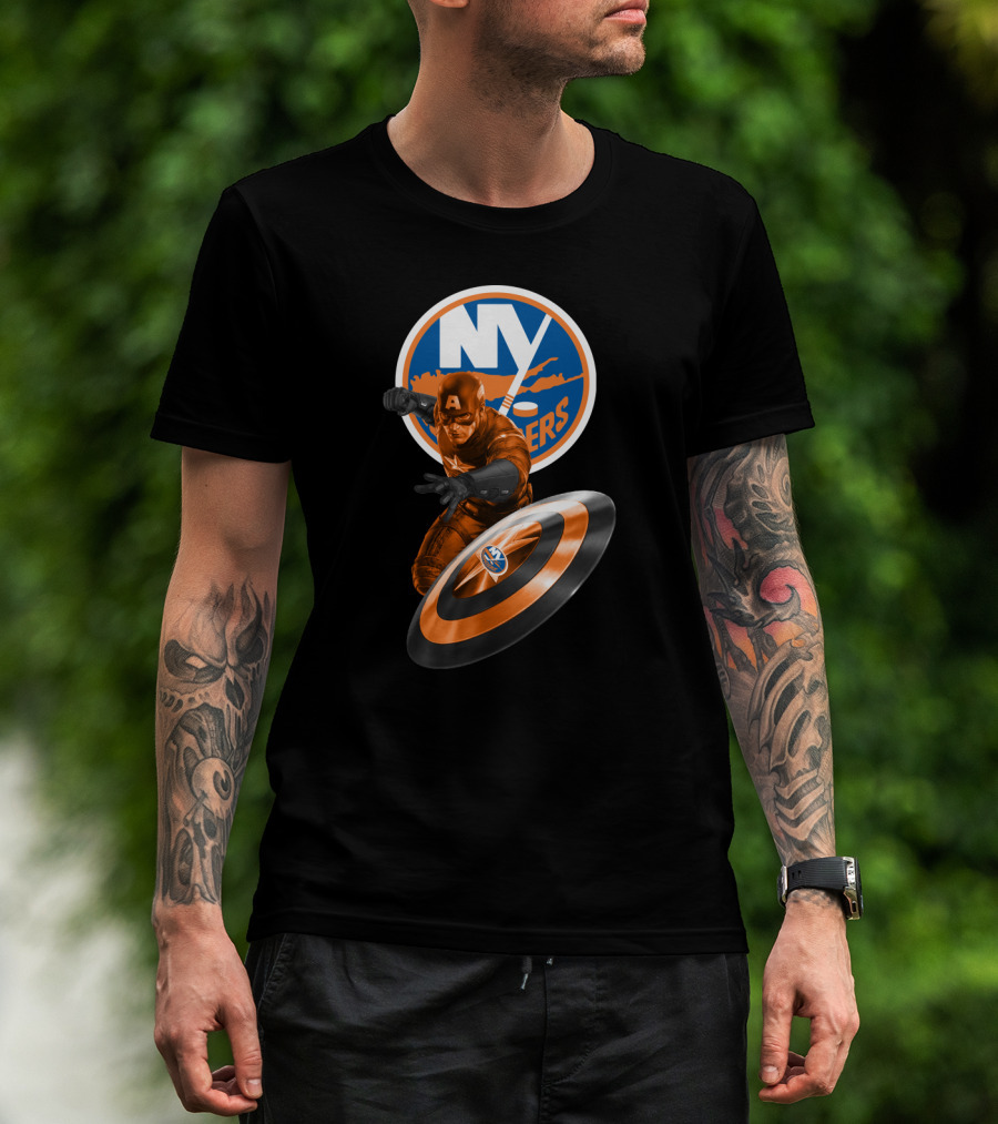 New York Islanders Captain America Collaboration Shield And Logo Graphics T-Shirt