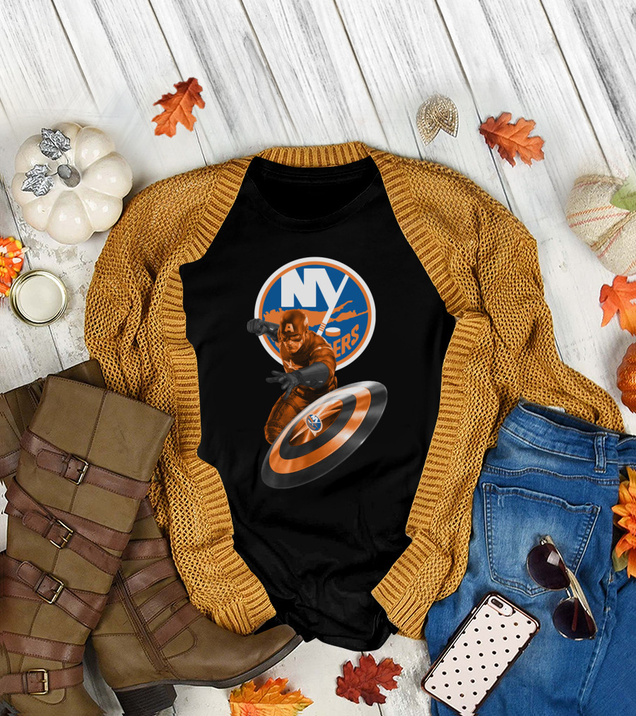 New York Islanders Captain America Collaboration Shield and Logo Graphics T-Shirt