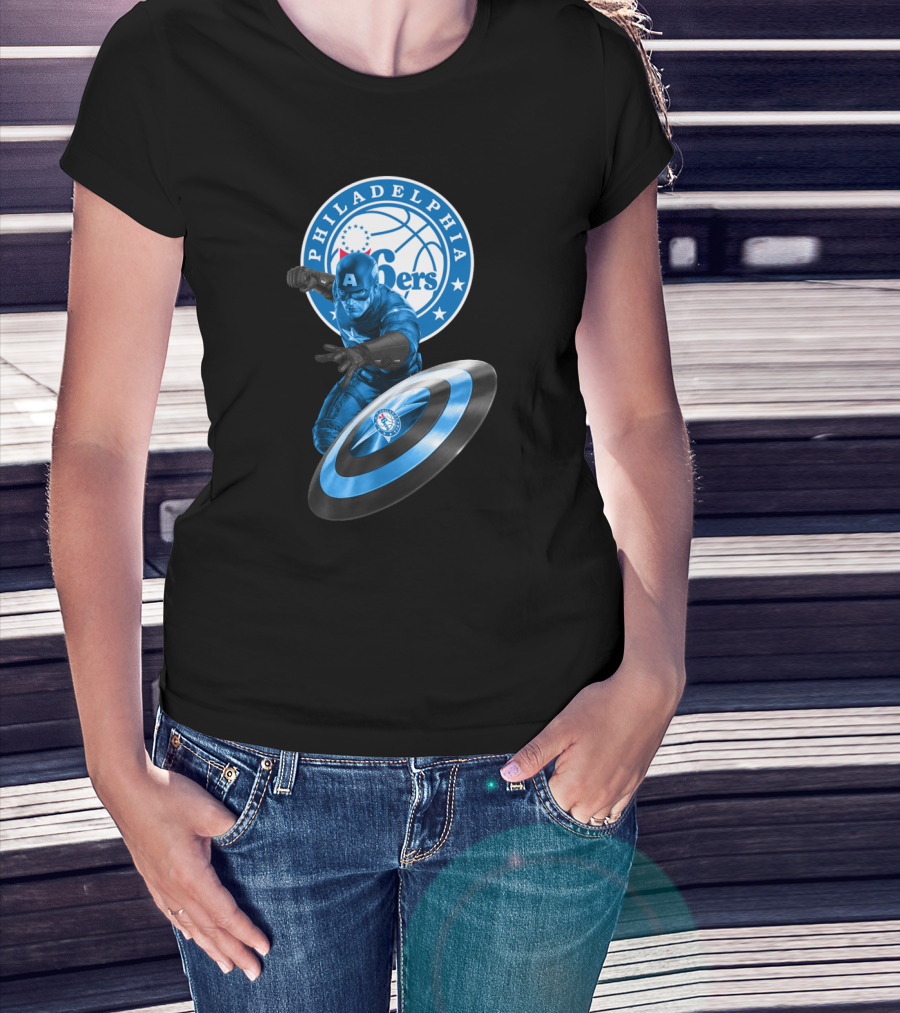 Philadelphia 76ers Basketball Marvel Crossover With Captain America Shield T-Shirt