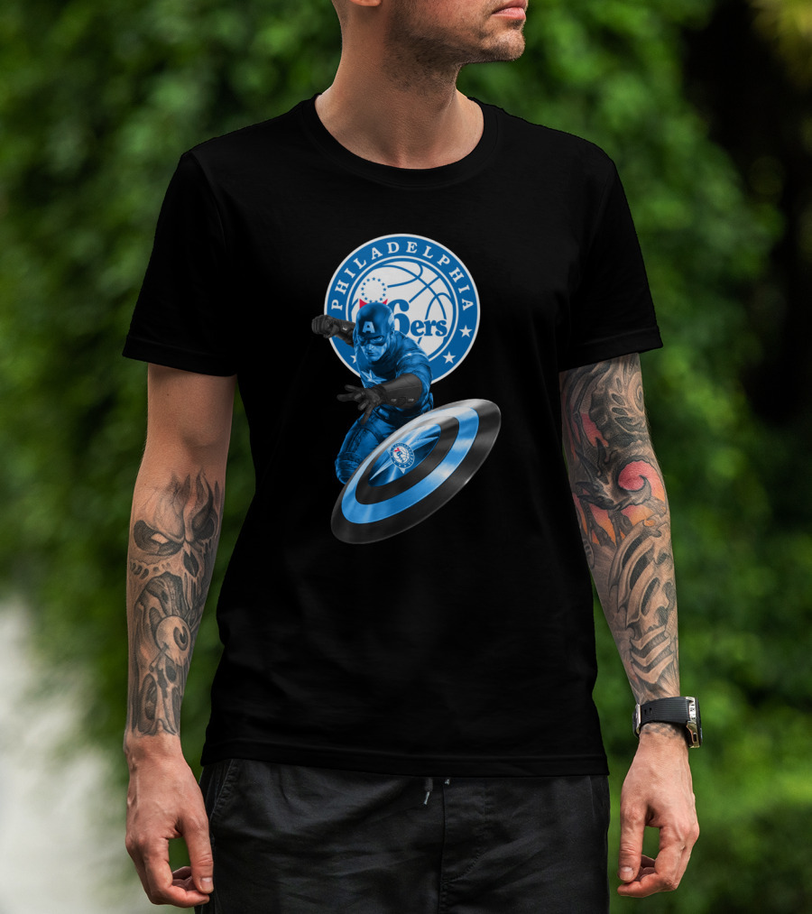 Philadelphia 76ers Basketball Marvel Crossover With Captain America Shield T-Shirt