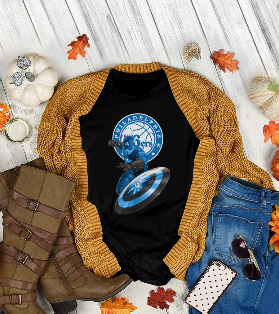 Philadelphia 76ers Basketball Marvel Crossover With Captain America Shield T-Shirt